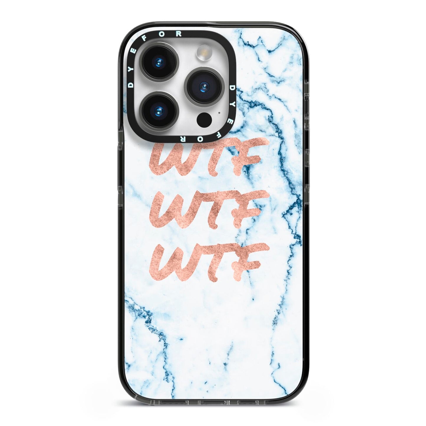 Wtf Rose Gold Blue Marble Effect iPhone 14 Pro Black Impact Case on Silver phone