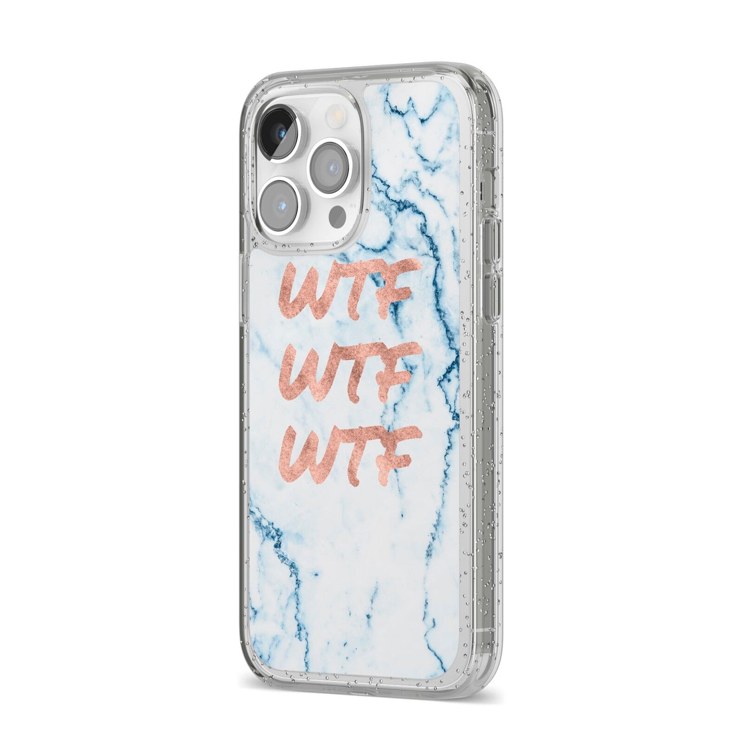 Wtf Rose Gold Blue Marble Effect iPhone 14 Pro Max Glitter Tough Case Silver Angled Image