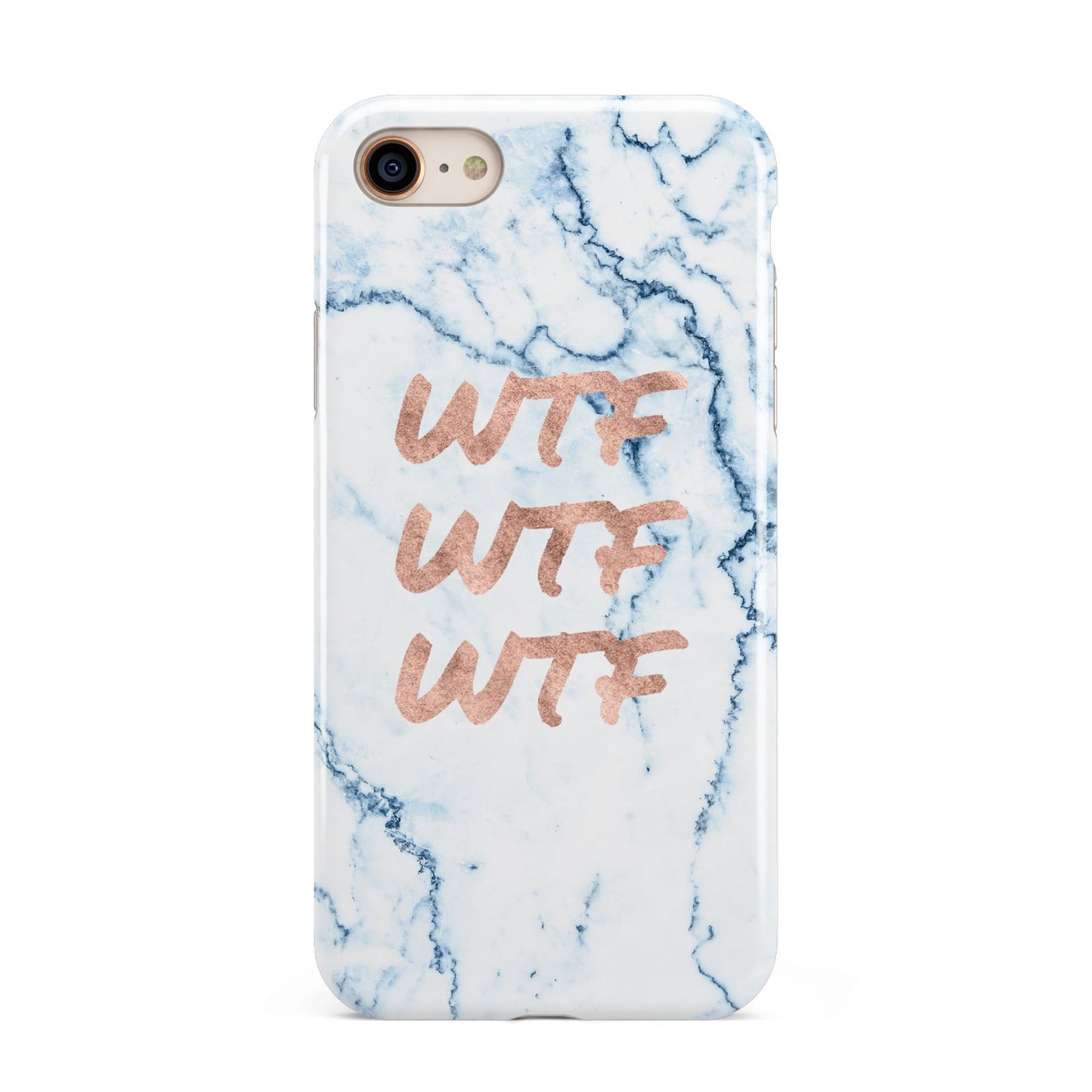 Wtf Rose Gold Blue Marble Effect iPhone 8 3D Tough Case on Gold Phone