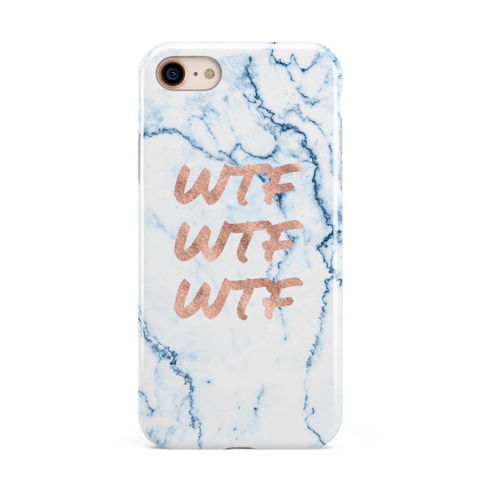 Wtf Rose Gold Blue Marble Effect iPhone 8 3D Tough Case on Gold Phone