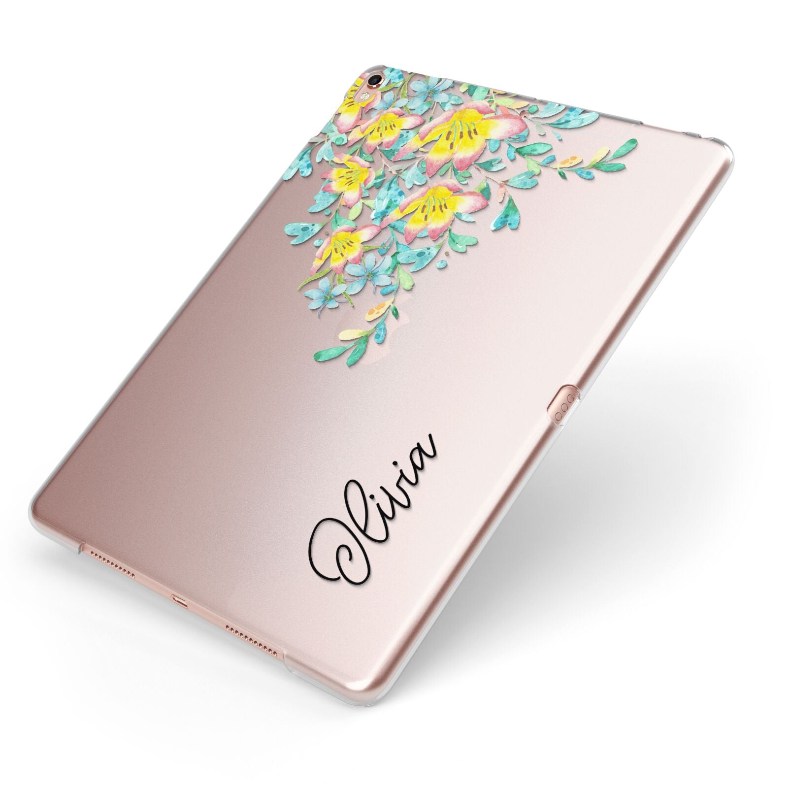 Yellow Pink Custom Flowers Apple iPad Case on Rose Gold iPad Side View