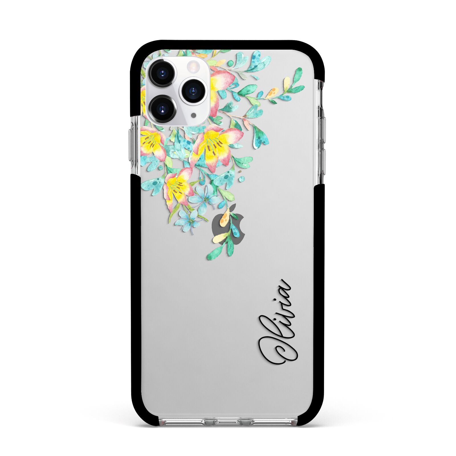 Yellow Pink Custom Flowers Apple iPhone 11 Pro Max in Silver with Black Impact Case