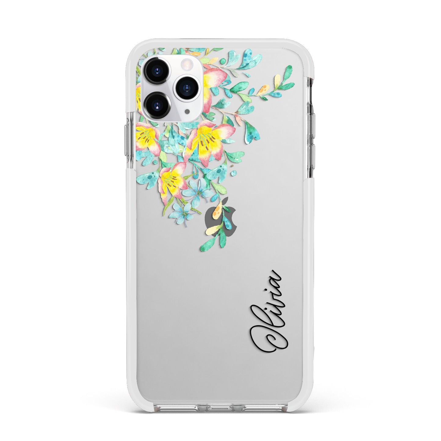 Yellow Pink Custom Flowers Apple iPhone 11 Pro Max in Silver with White Impact Case