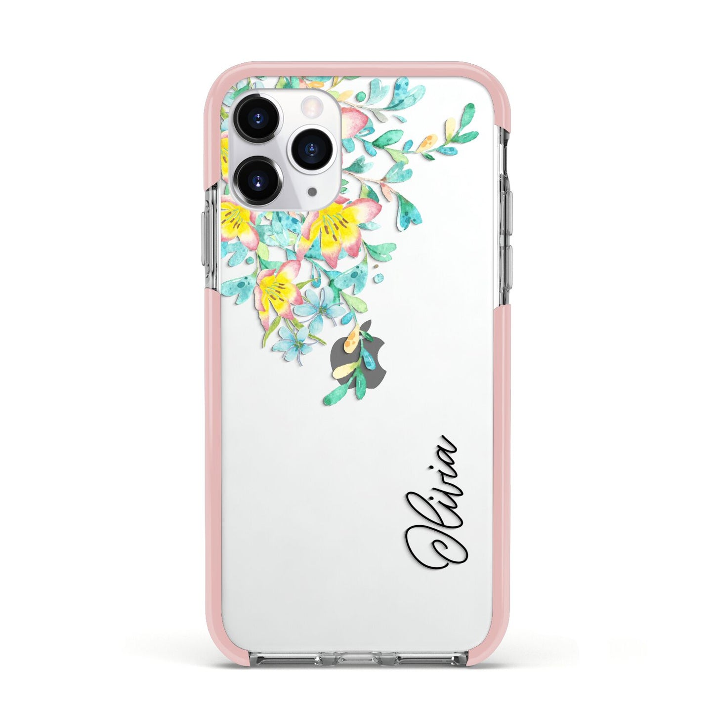 Yellow Pink Custom Flowers Apple iPhone 11 Pro in Silver with Pink Impact Case