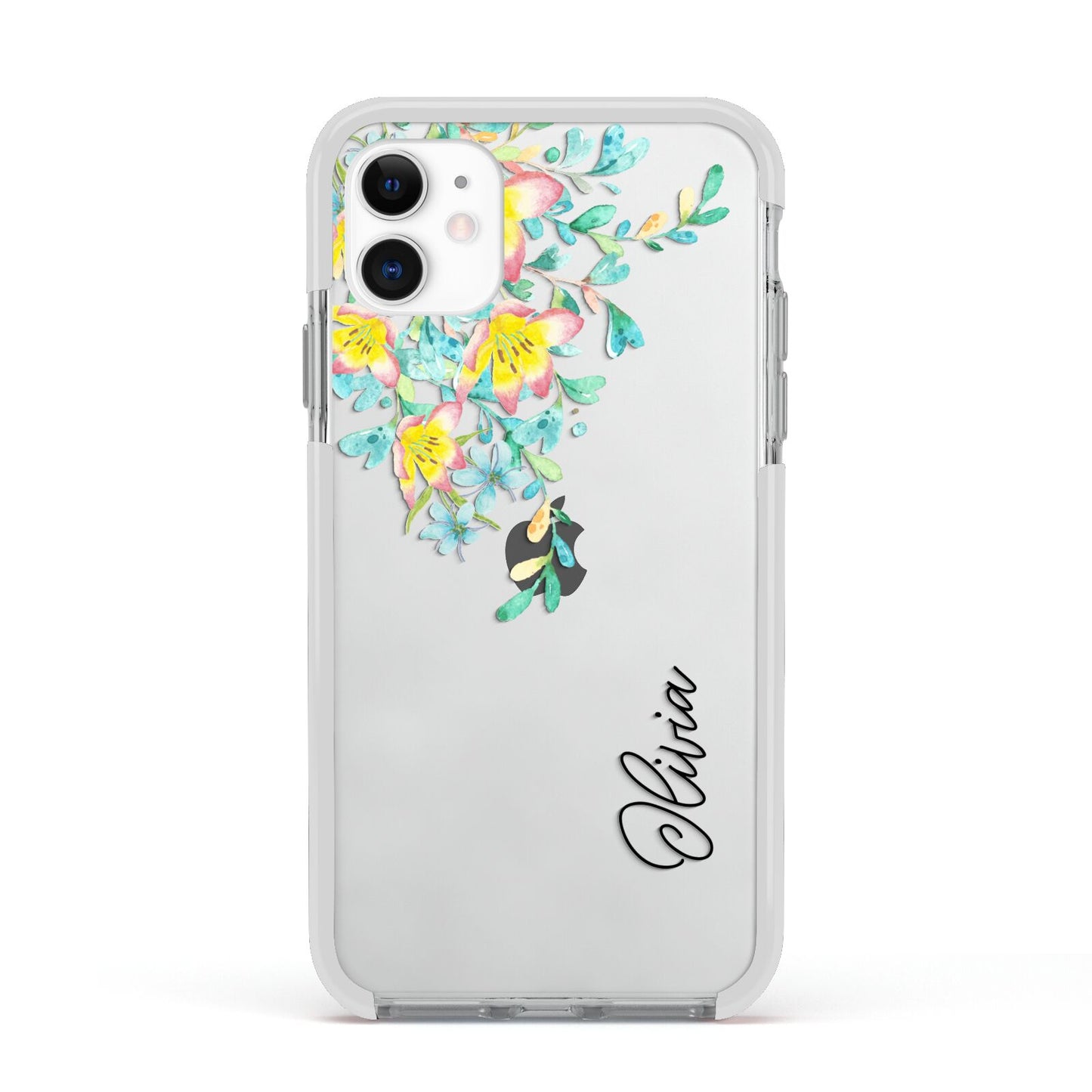 Yellow Pink Custom Flowers Apple iPhone 11 in White with White Impact Case