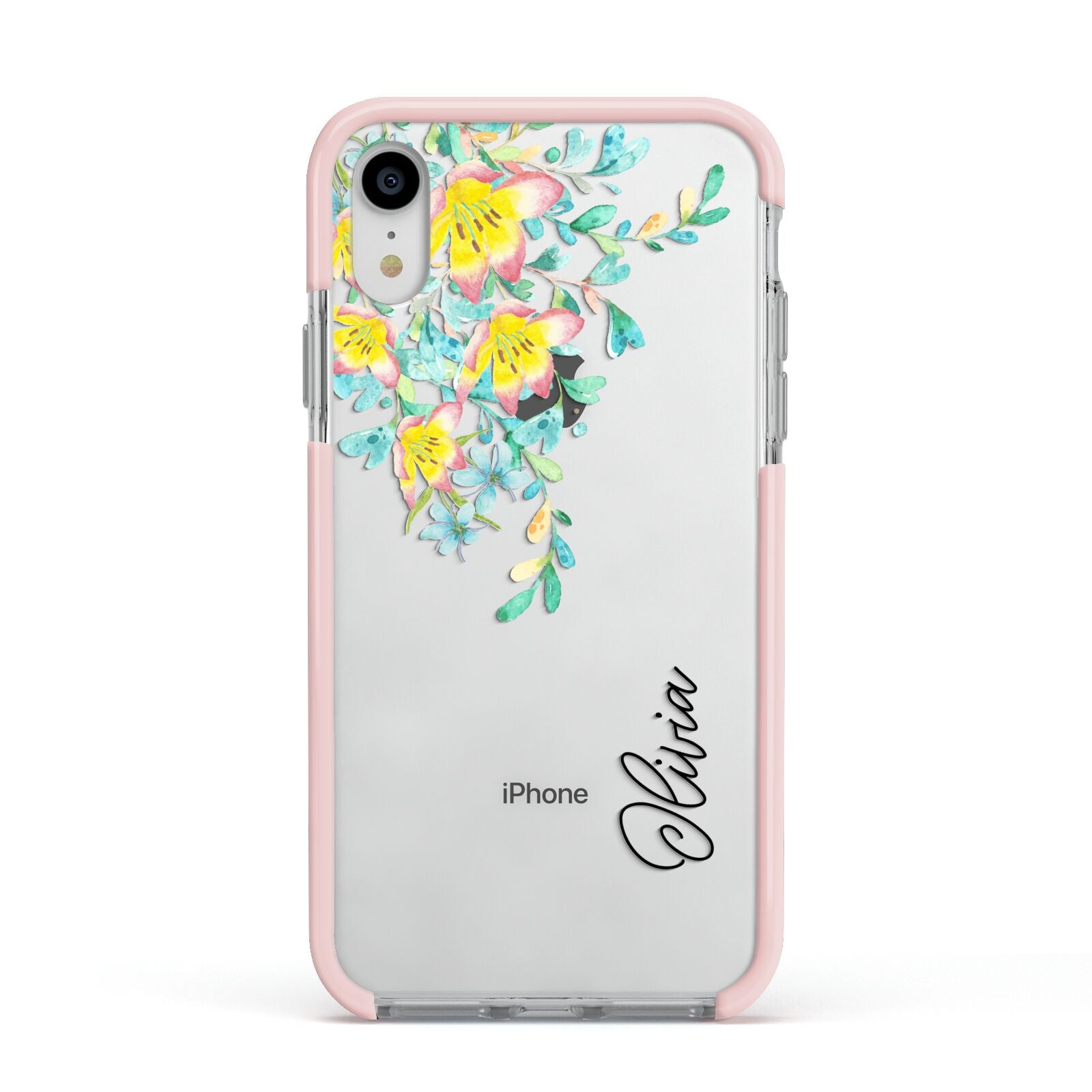 Yellow Pink Custom Flowers Apple iPhone XR Impact Case Pink Edge on Silver Phone