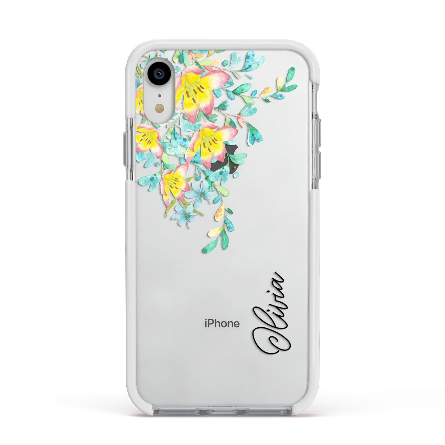 Yellow Pink Custom Flowers Apple iPhone XR Impact Case White Edge on Silver Phone