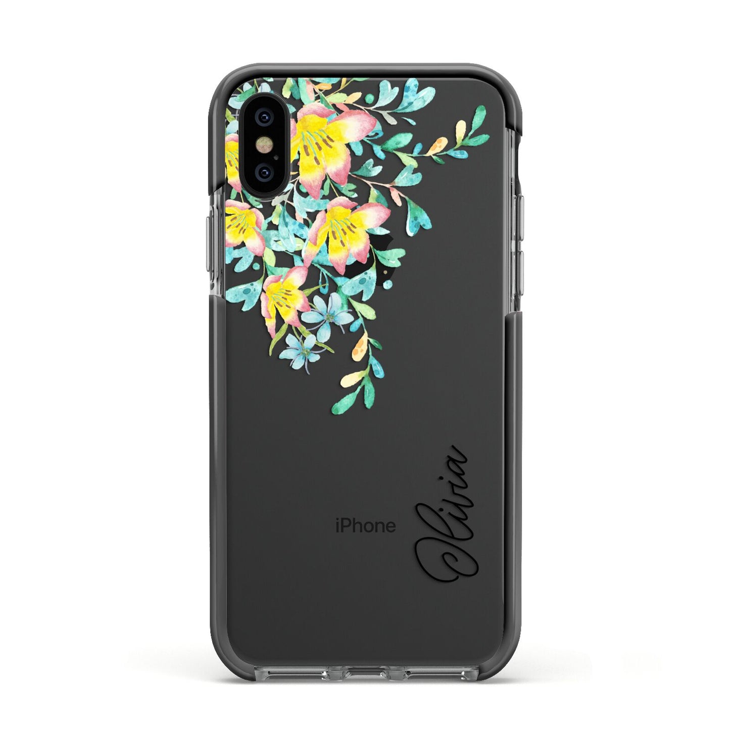 Yellow Pink Custom Flowers Apple iPhone Xs Impact Case Black Edge on Black Phone