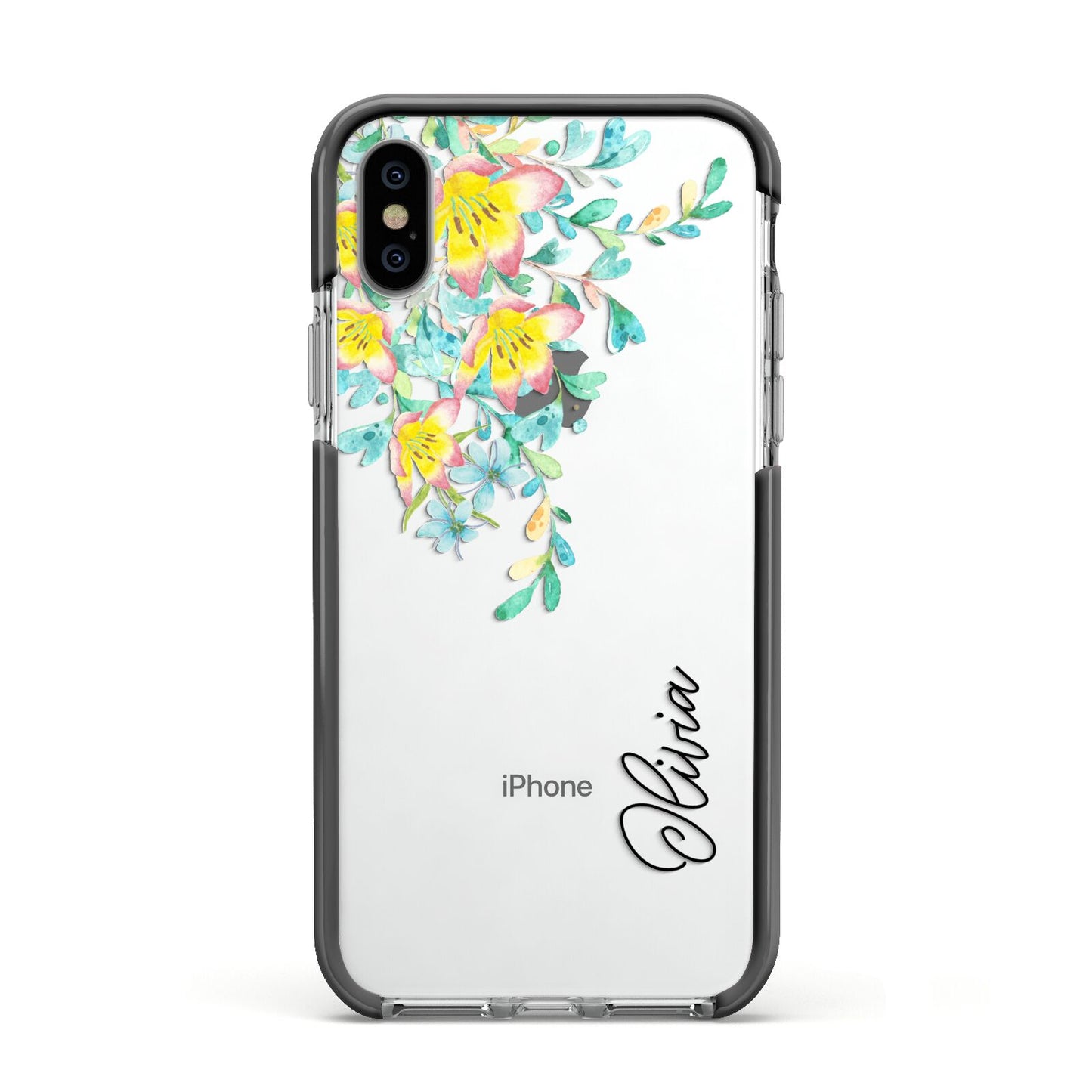 Yellow Pink Custom Flowers Apple iPhone Xs Impact Case Black Edge on Silver Phone