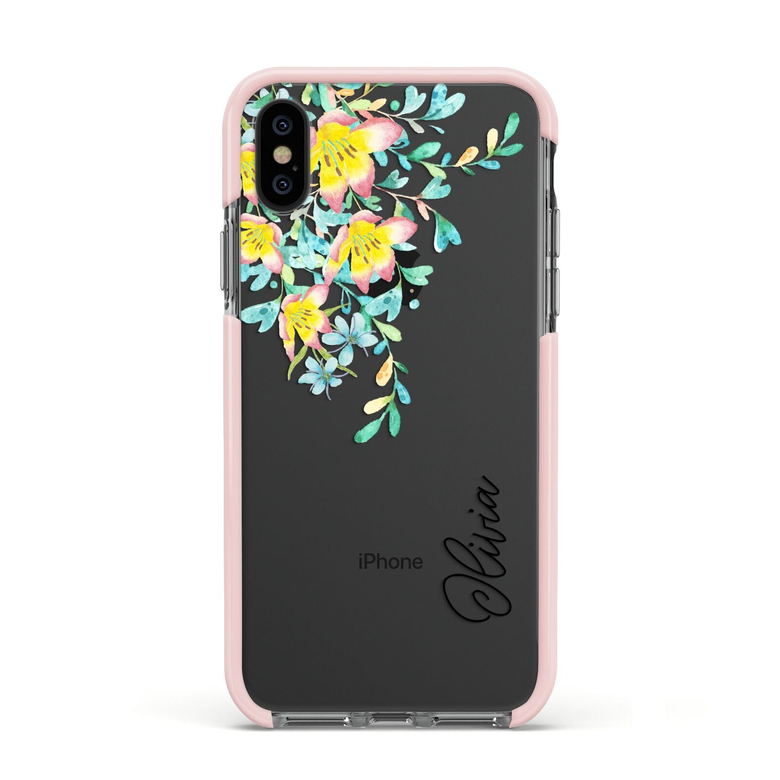 Yellow Pink Custom Flowers Apple iPhone Xs Impact Case Pink Edge on Black Phone