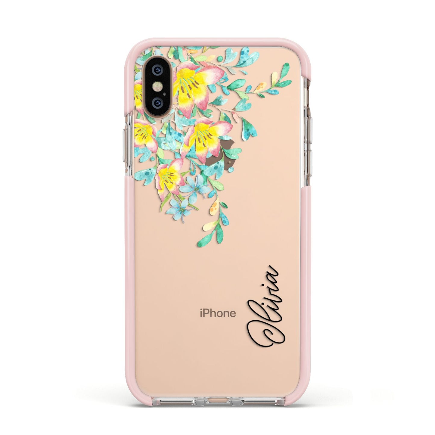 Yellow Pink Custom Flowers Apple iPhone Xs Impact Case Pink Edge on Gold Phone