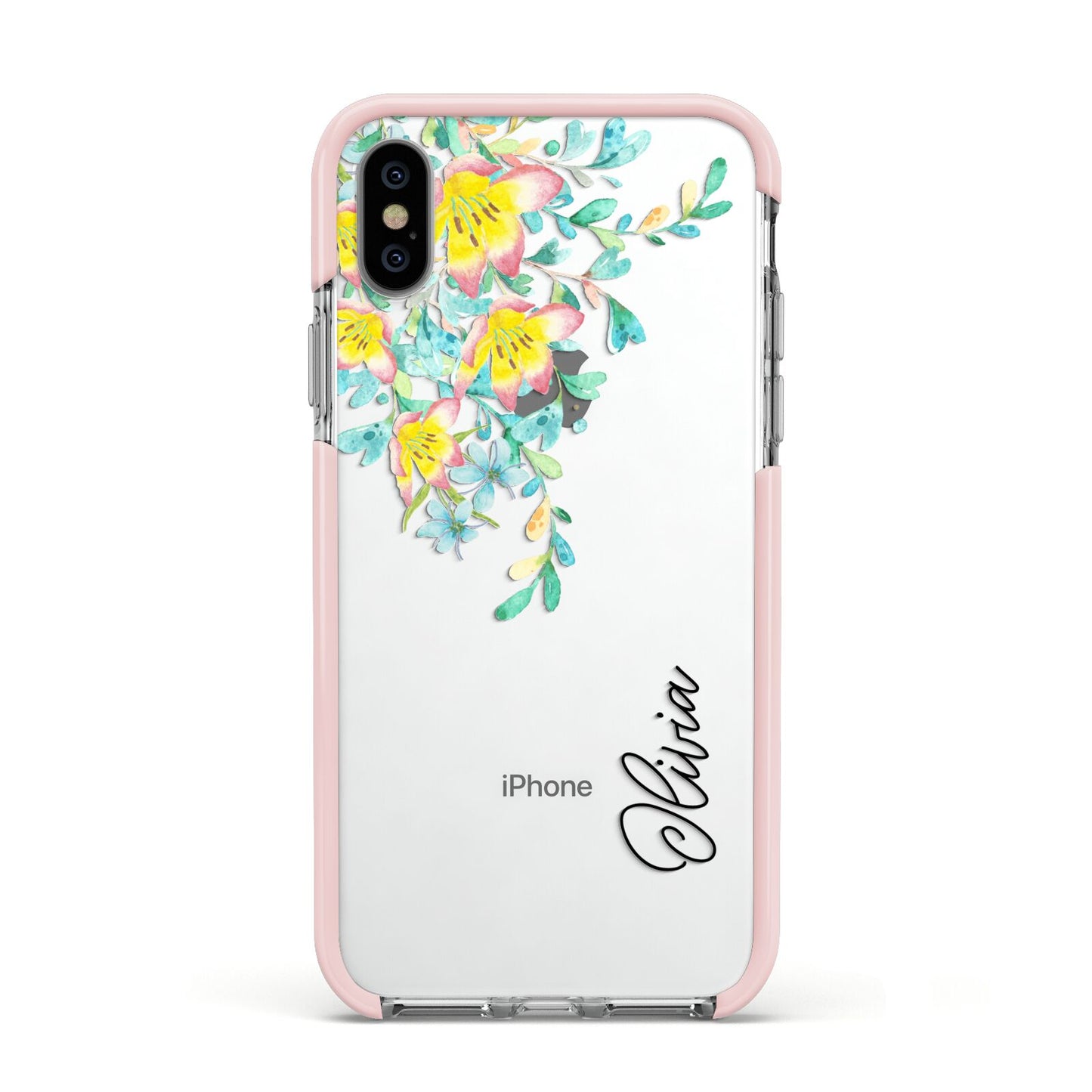 Yellow Pink Custom Flowers Apple iPhone Xs Impact Case Pink Edge on Silver Phone