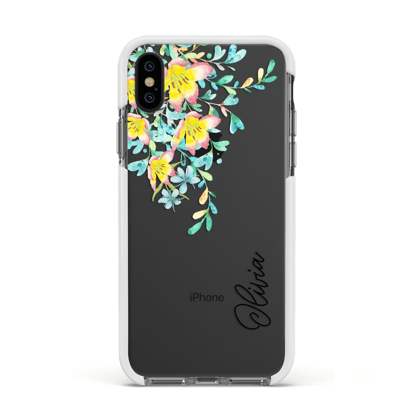 Yellow Pink Custom Flowers Apple iPhone Xs Impact Case White Edge on Black Phone