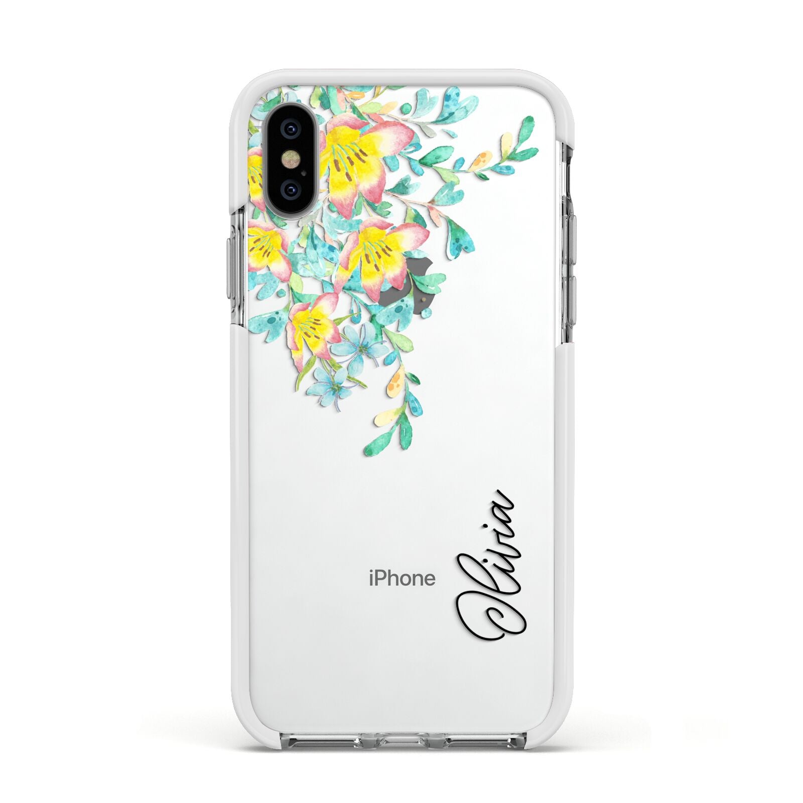 Yellow Pink Custom Flowers Apple iPhone Xs Impact Case White Edge on Silver Phone