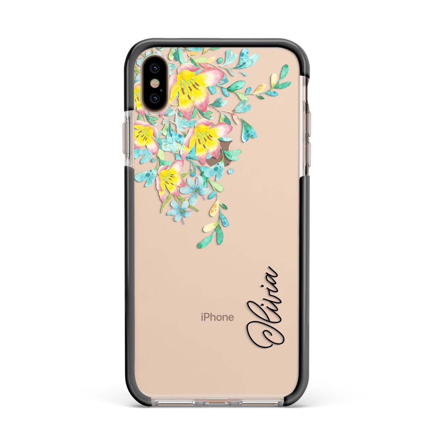 Yellow Pink Custom Flowers Apple iPhone Xs Max Impact Case Black Edge on Gold Phone