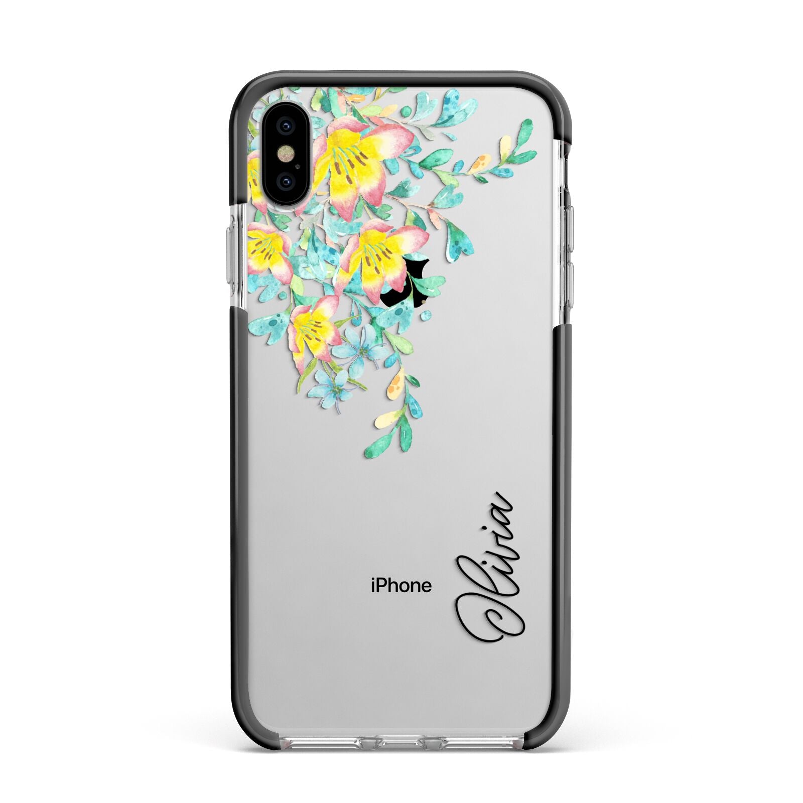 Yellow Pink Custom Flowers Apple iPhone Xs Max Impact Case Black Edge on Silver Phone