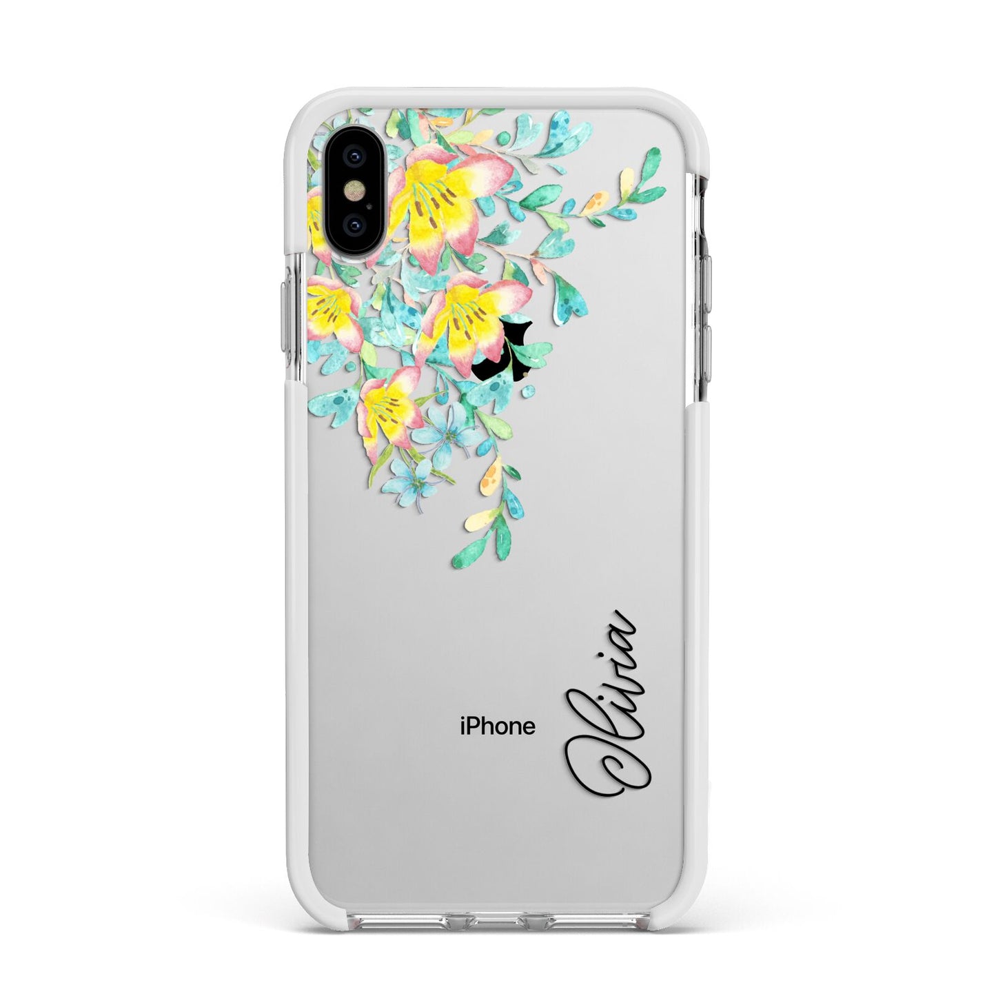 Yellow Pink Custom Flowers Apple iPhone Xs Max Impact Case White Edge on Silver Phone