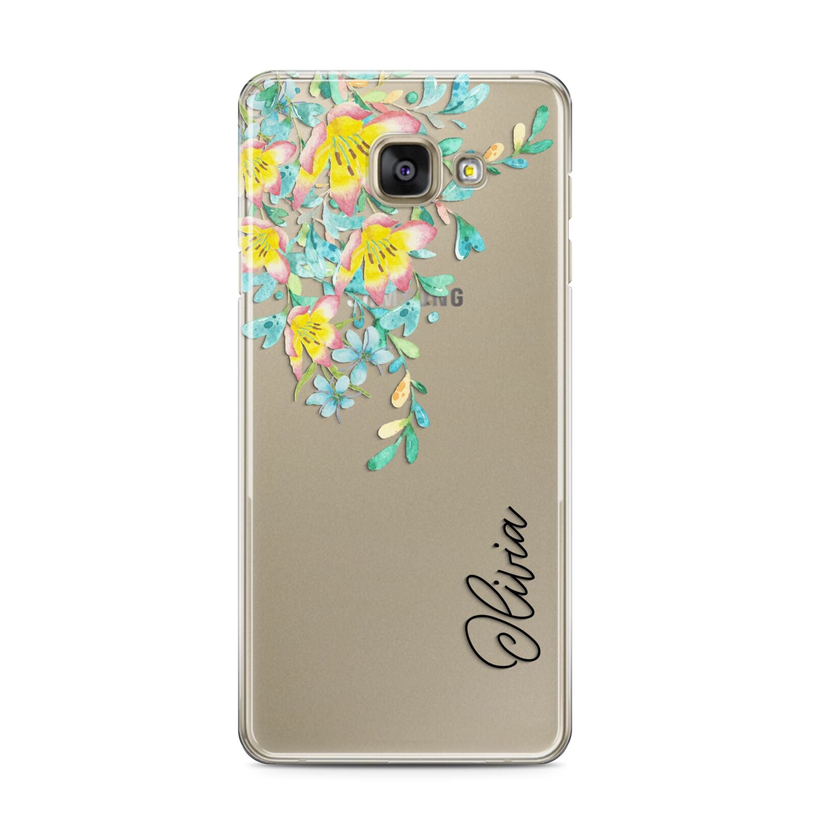 Yellow Pink Custom Flowers Samsung Galaxy A3 2016 Case on gold phone