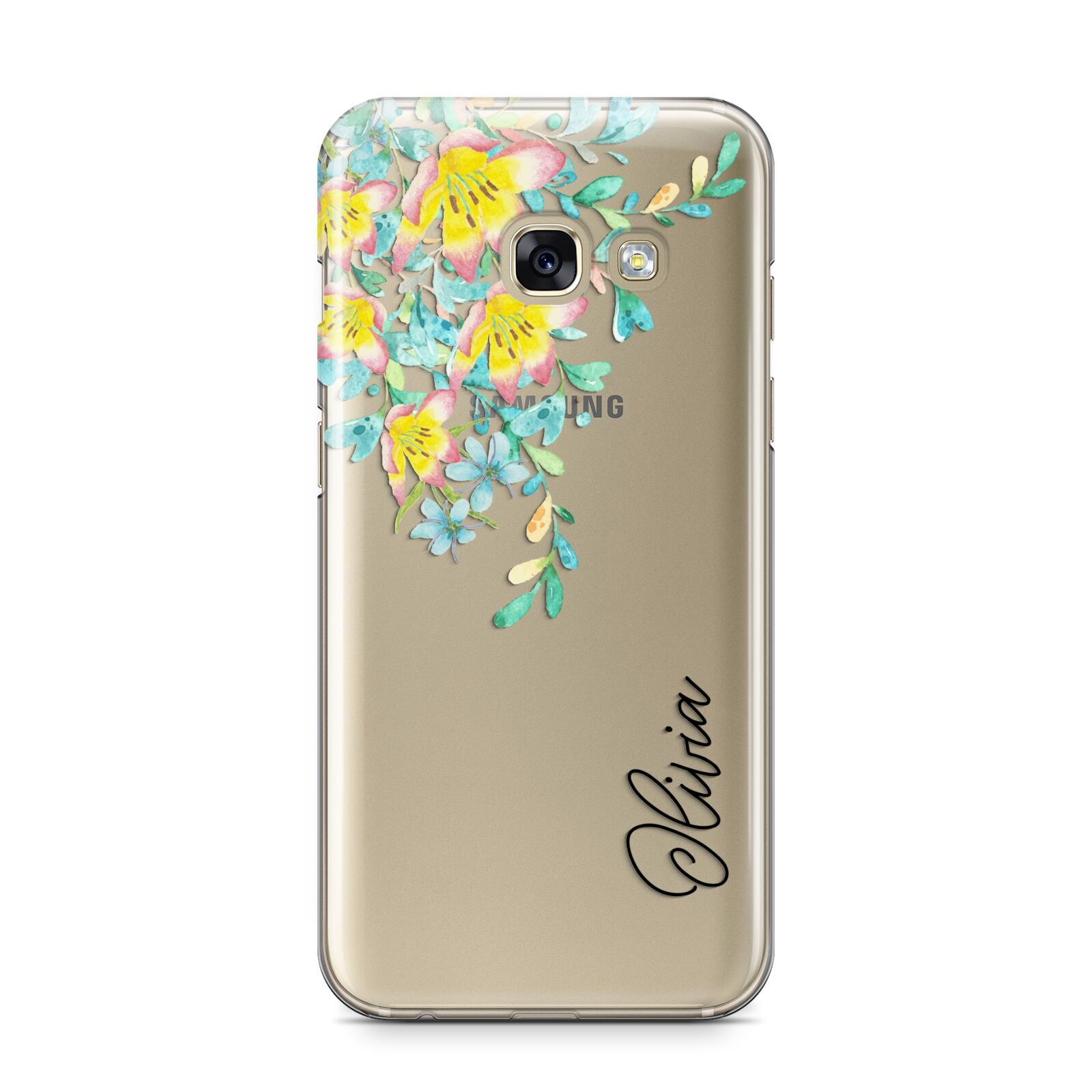 Yellow Pink Custom Flowers Samsung Galaxy A3 2017 Case on gold phone