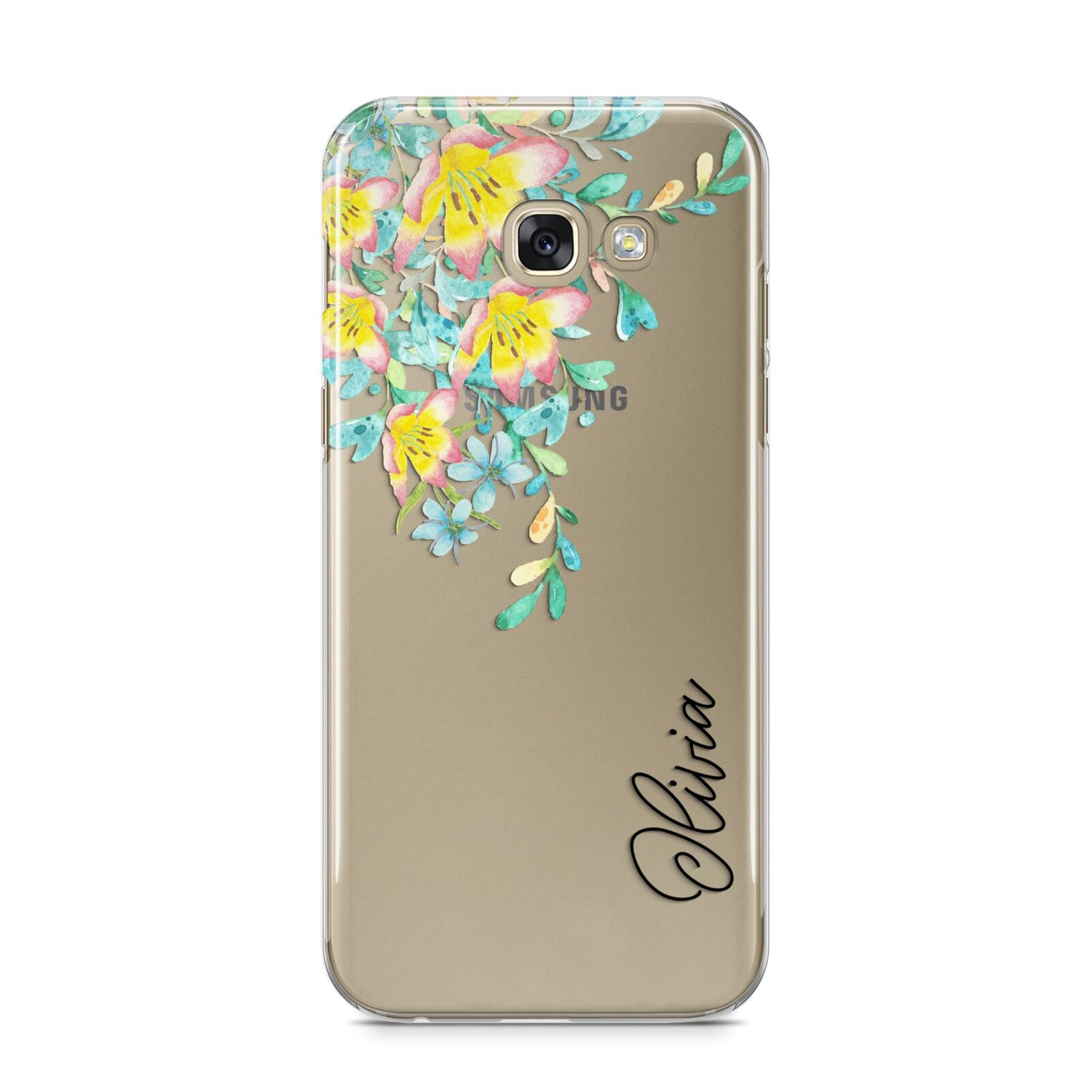 Yellow Pink Custom Flowers Samsung Galaxy A5 2017 Case on gold phone