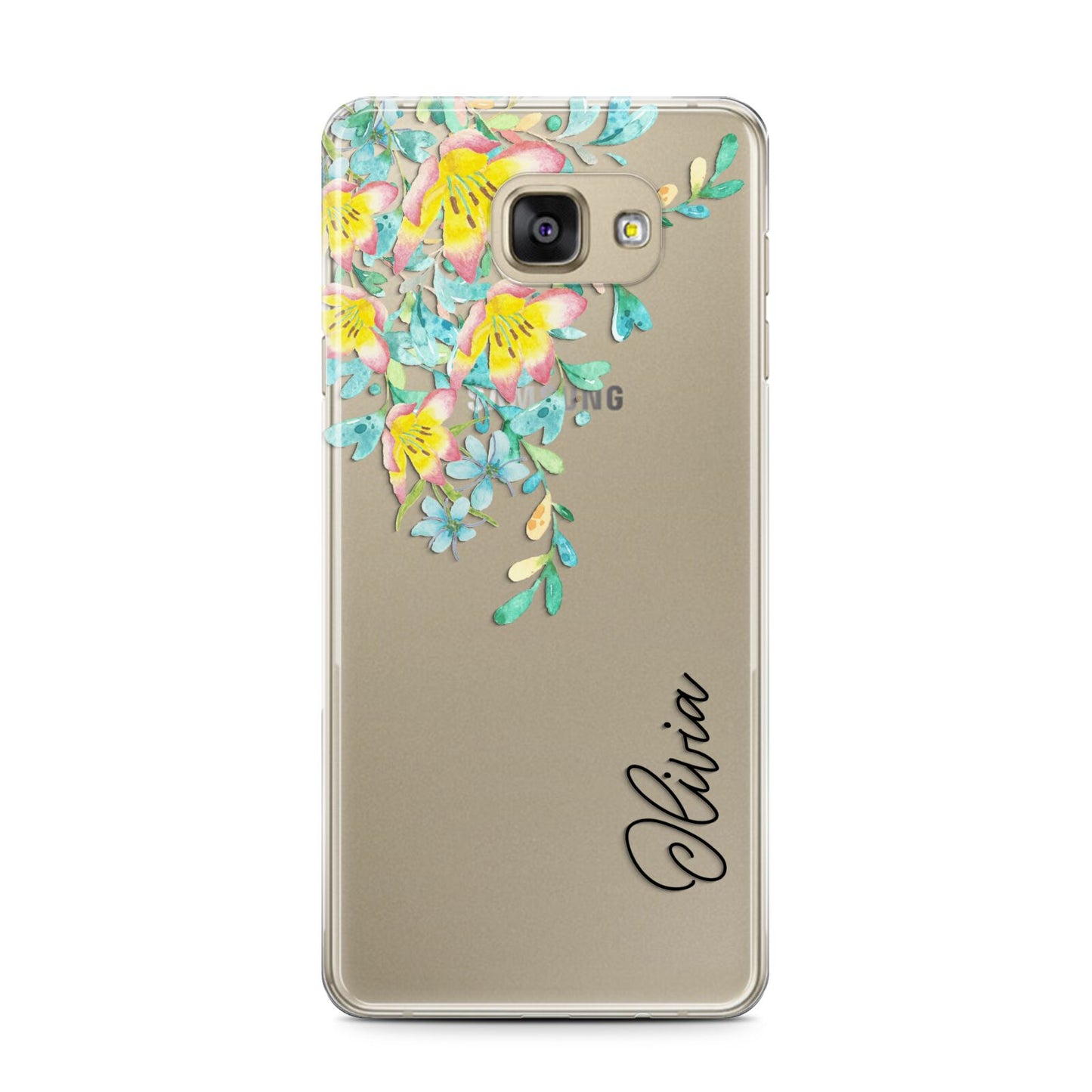 Yellow Pink Custom Flowers Samsung Galaxy A7 2016 Case on gold phone