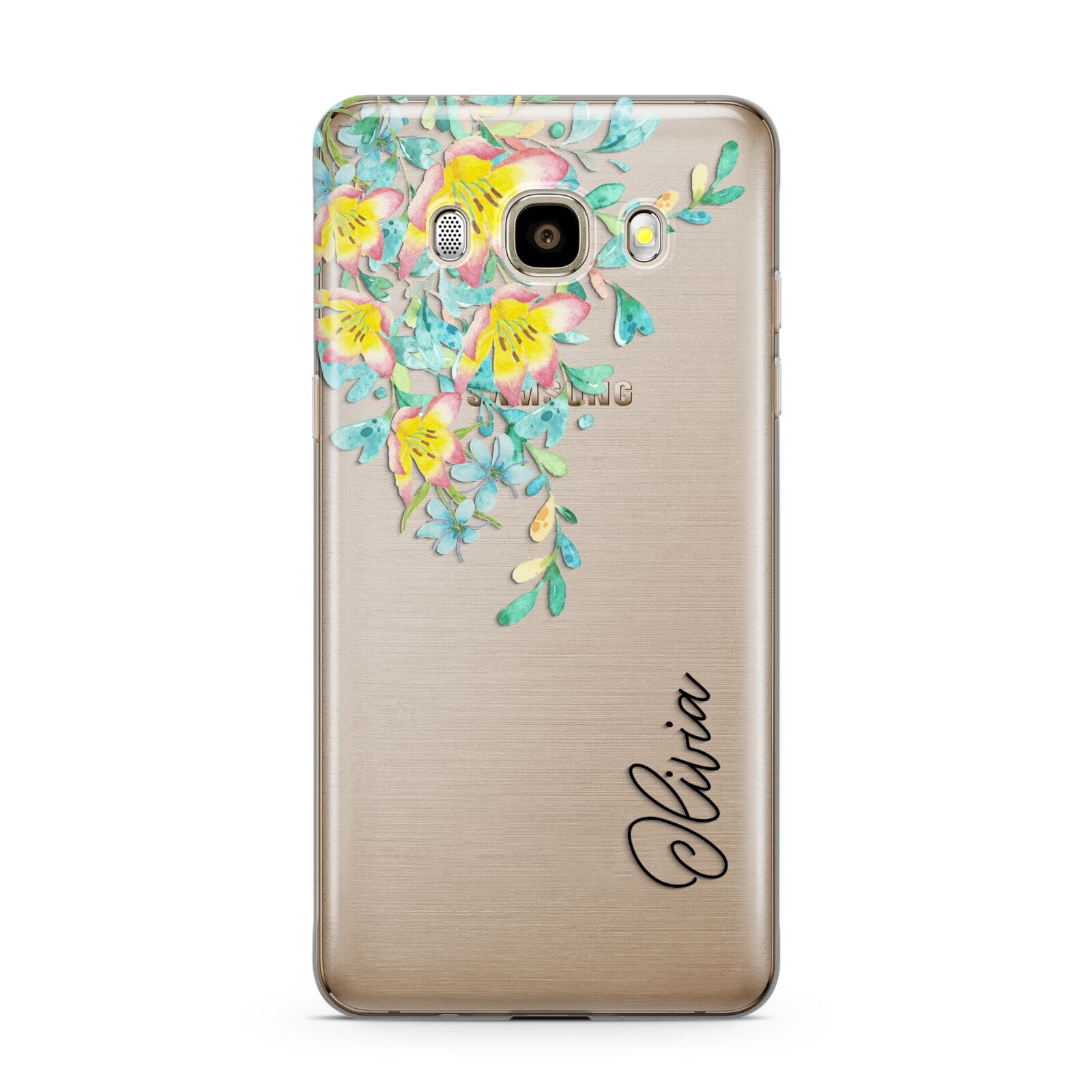 Yellow Pink Custom Flowers Samsung Galaxy J7 2016 Case on gold phone