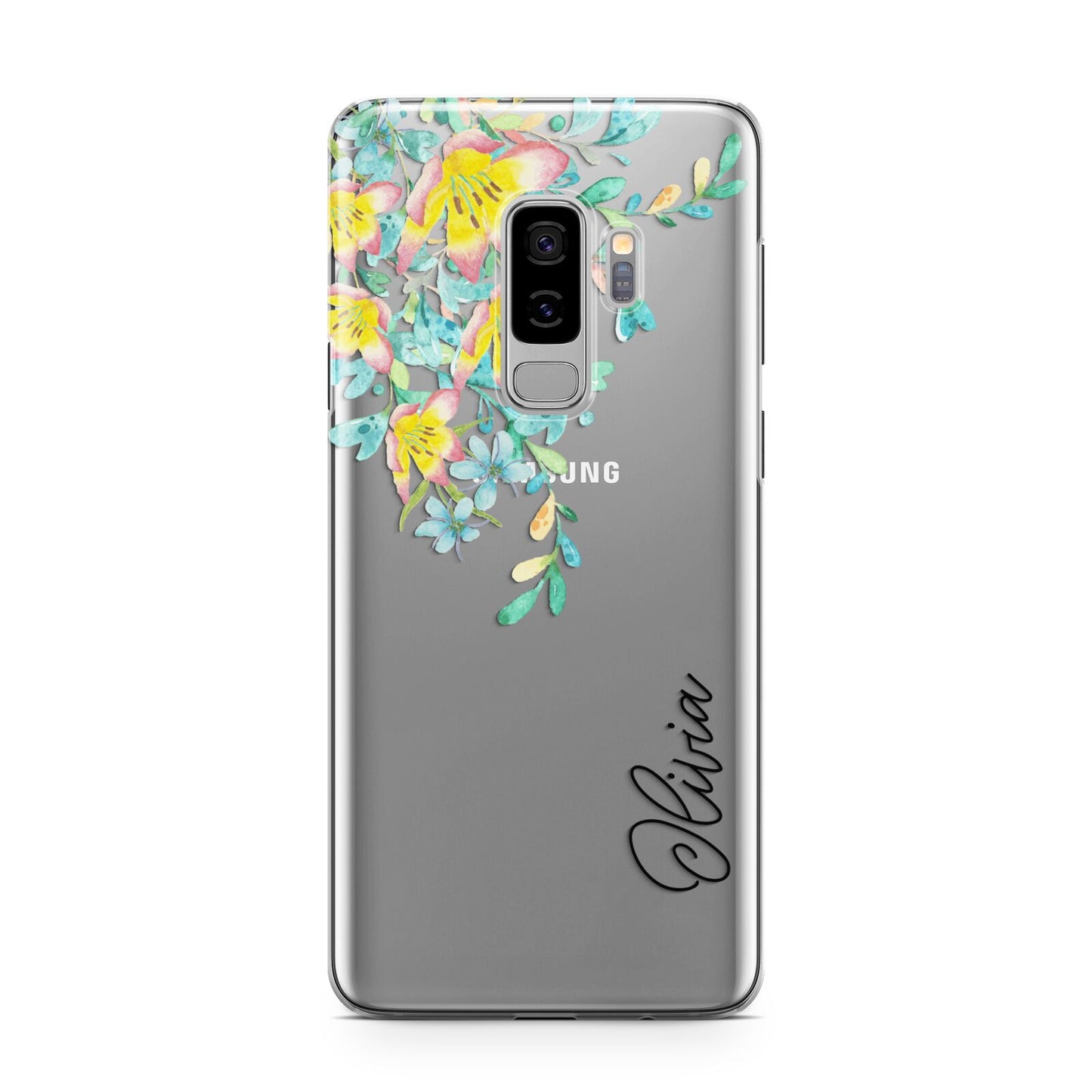 Yellow Pink Custom Flowers Samsung Galaxy S9 Plus Case on Silver phone