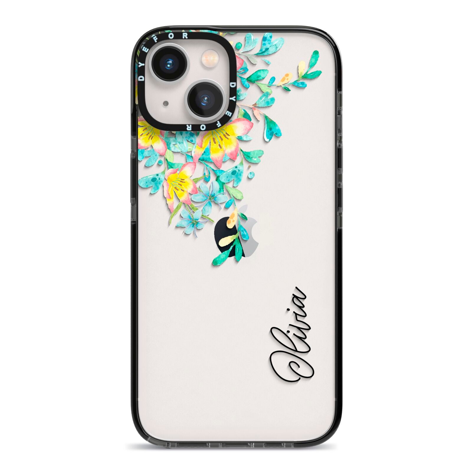 Yellow Pink Custom Flowers iPhone 13 Black Impact Case on Silver phone