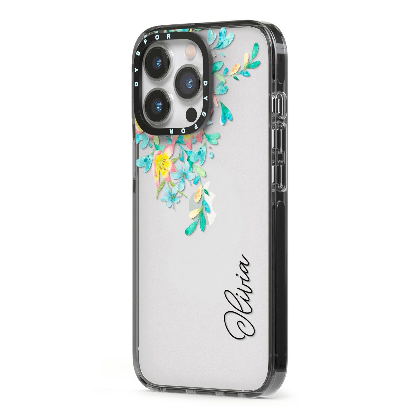 Yellow Pink Custom Flowers iPhone 13 Pro Black Impact Case Side Angle on Silver phone