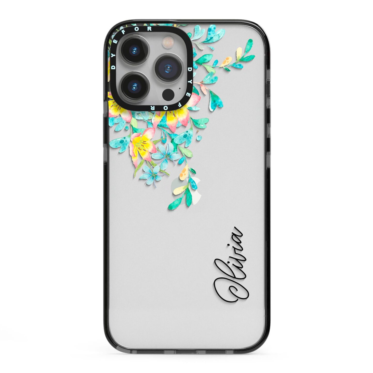 Yellow Pink Custom Flowers iPhone 13 Pro Max Black Impact Case on Silver phone