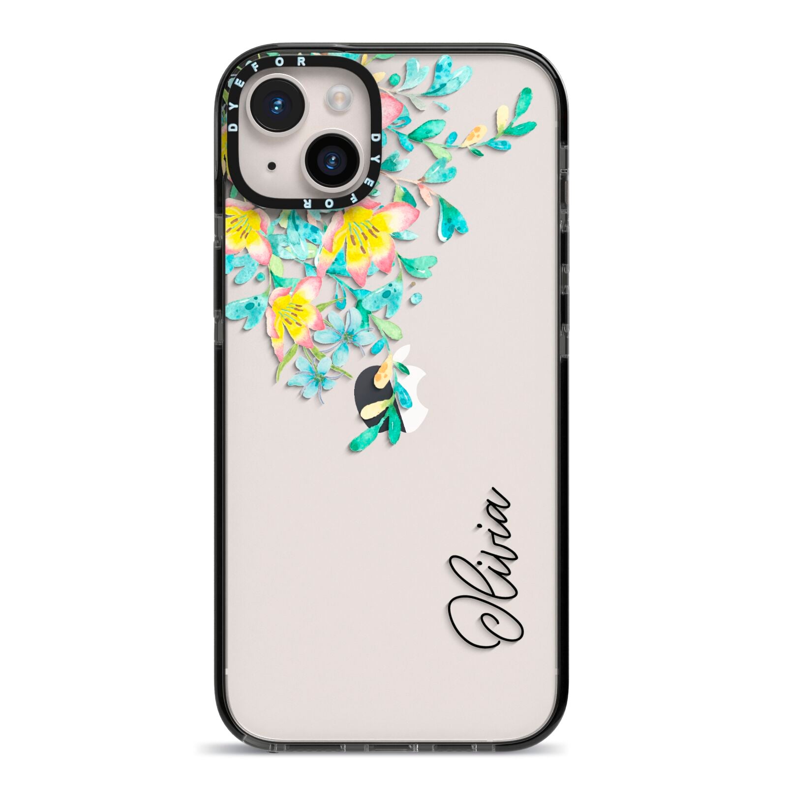 Yellow Pink Custom Flowers iPhone 14 Plus Black Impact Case on Silver phone