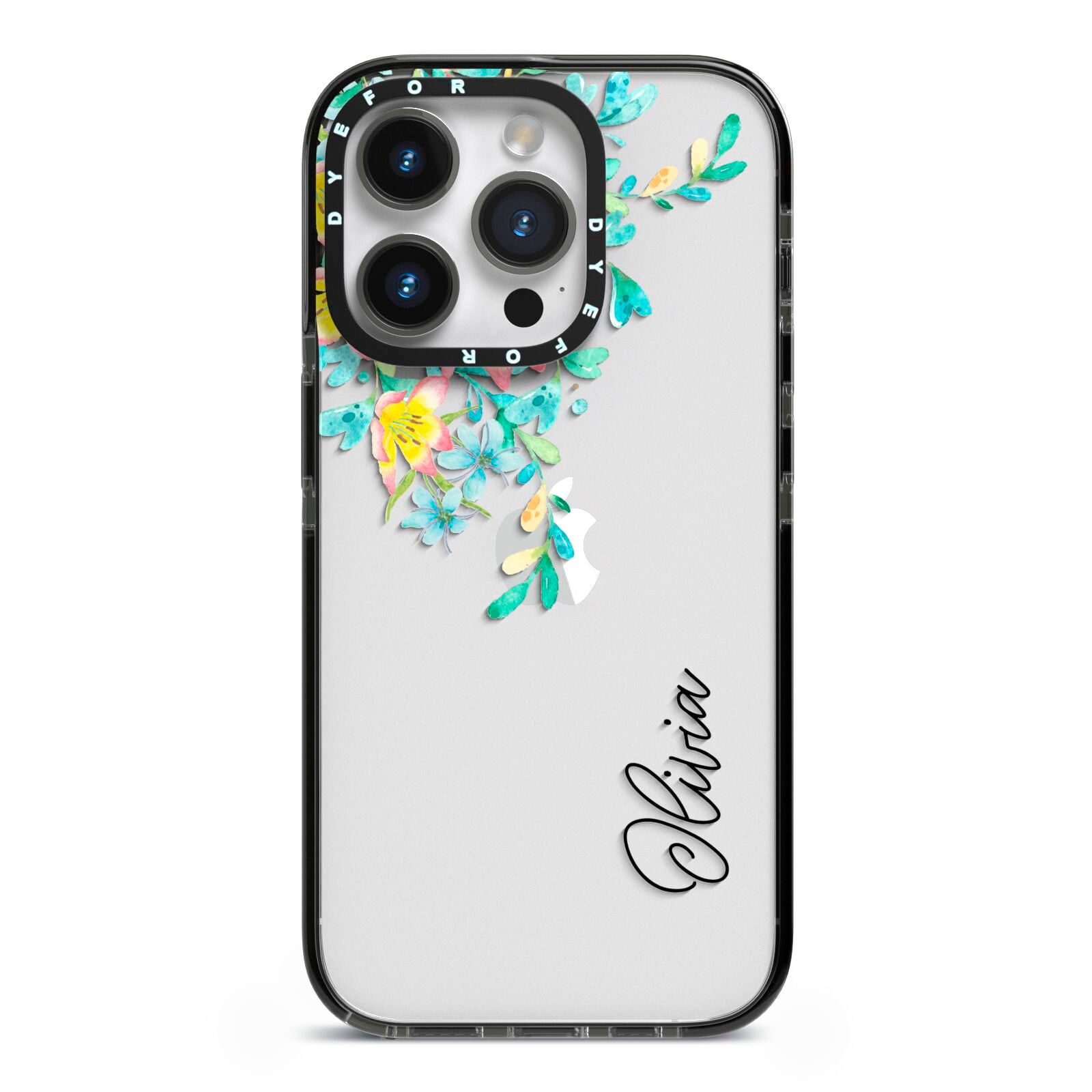 Yellow Pink Custom Flowers iPhone 14 Pro Black Impact Case on Silver phone