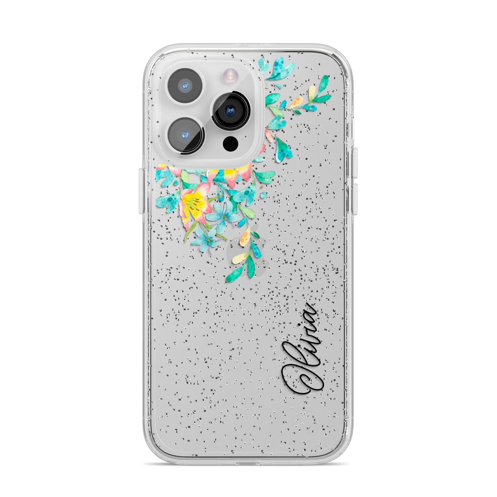 Yellow Pink Custom Flowers iPhone 14 Pro Max Glitter Tough Case Silver