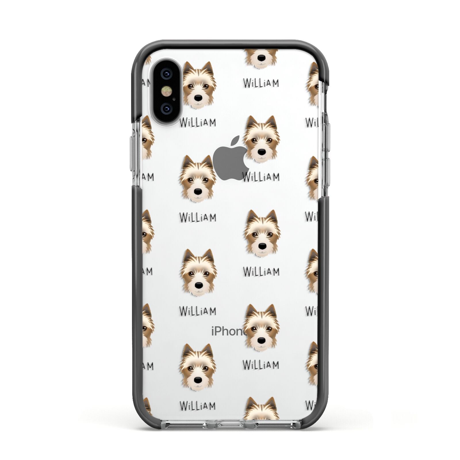 Yorkie Russell Icon with Name Apple iPhone Xs Impact Case Black Edge on Silver Phone