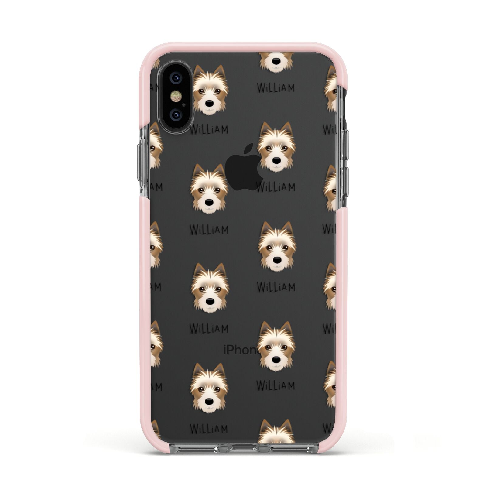 Yorkie Russell Icon with Name Apple iPhone Xs Impact Case Pink Edge on Black Phone