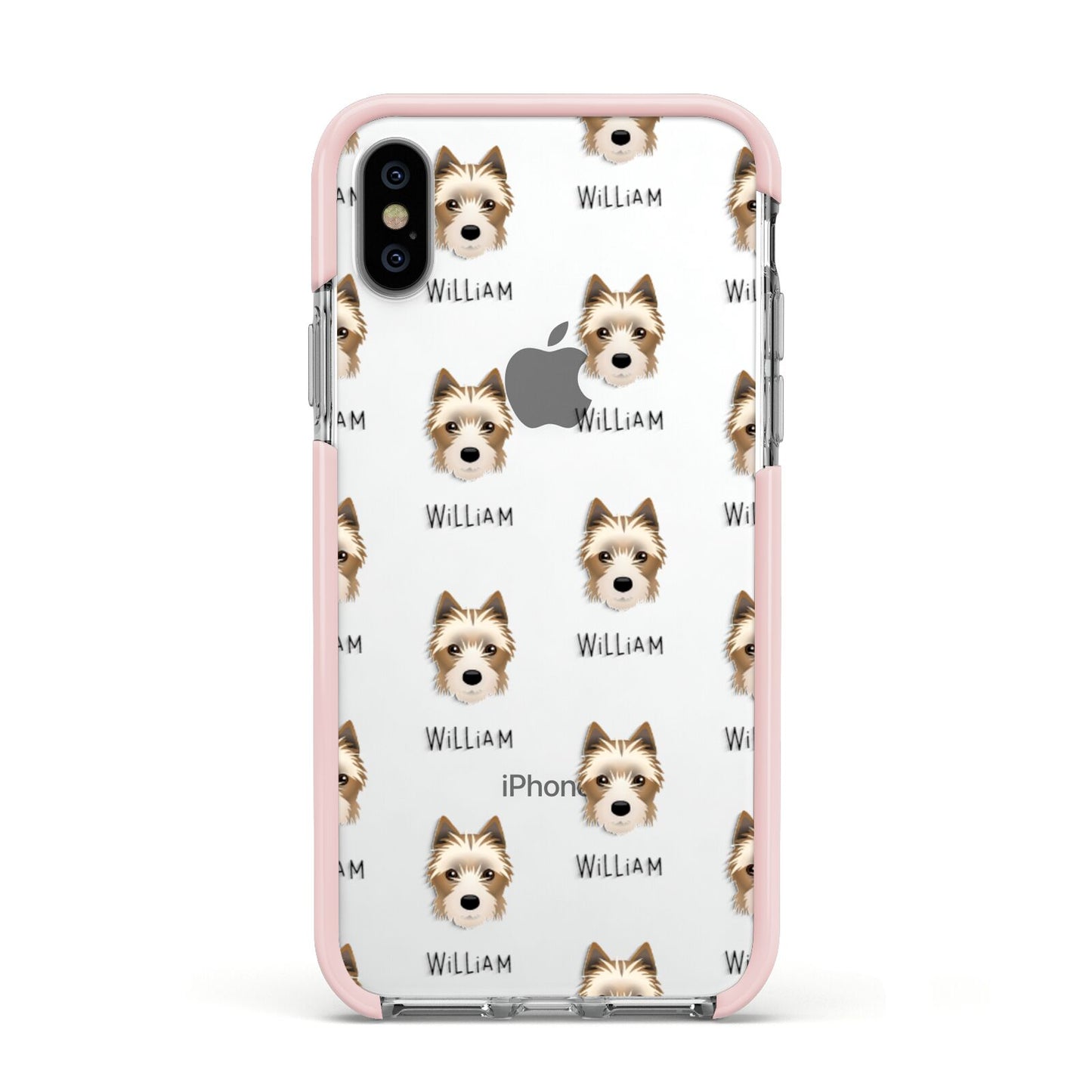 Yorkie Russell Icon with Name Apple iPhone Xs Impact Case Pink Edge on Silver Phone