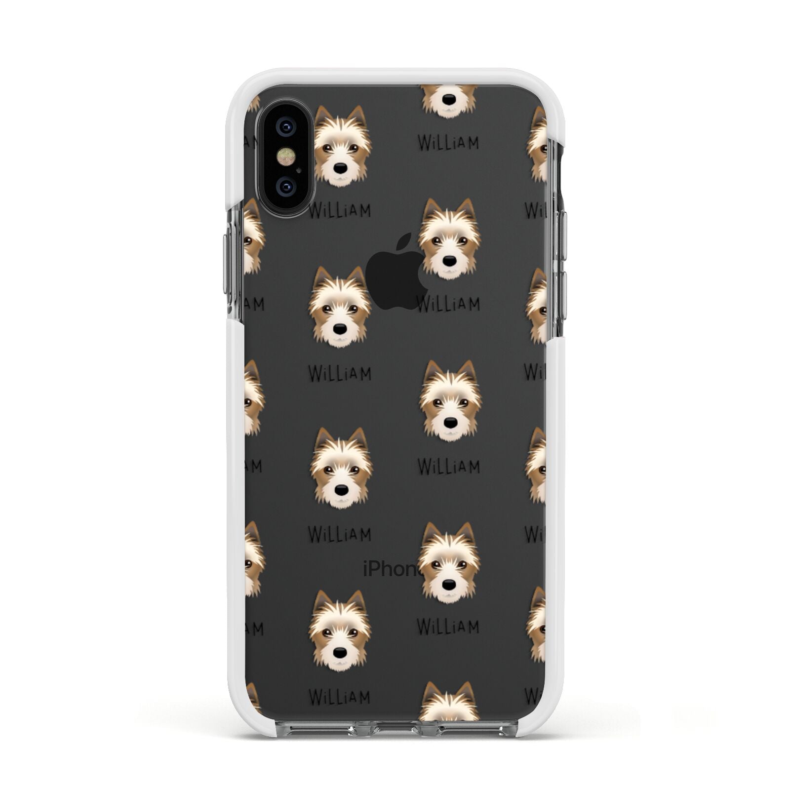 Yorkie Russell Icon with Name Apple iPhone Xs Impact Case White Edge on Black Phone