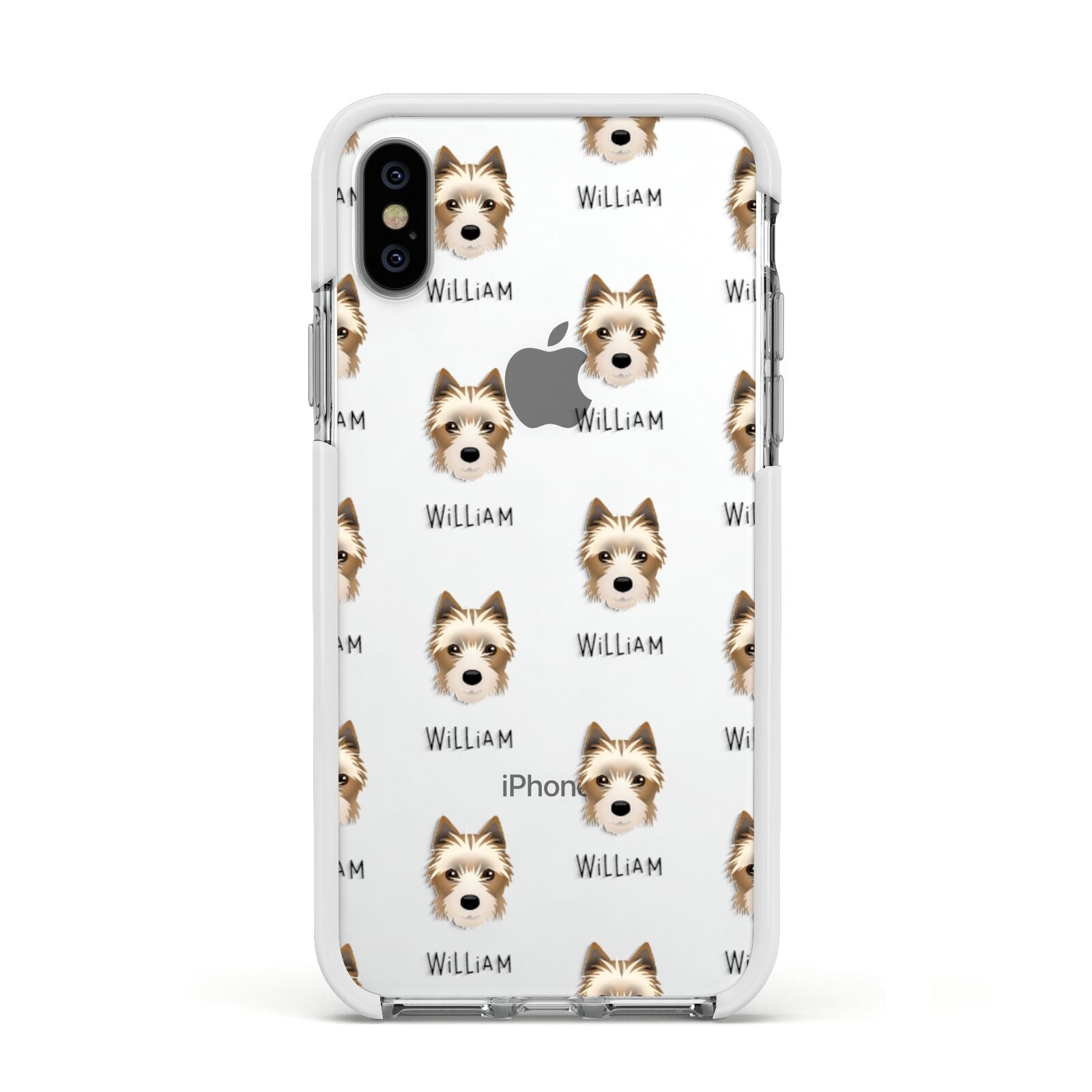 Yorkie Russell Icon with Name Apple iPhone Xs Impact Case White Edge on Silver Phone