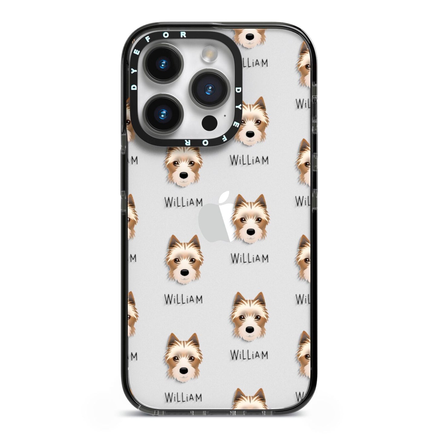 Yorkie Russell Icon with Name iPhone 14 Pro Black Impact Case on Silver phone