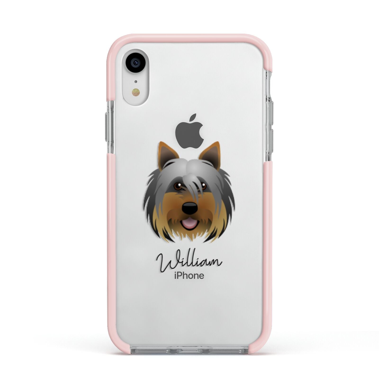 Yorkshire Terrier Personalised Apple iPhone XR Impact Case Pink Edge on Silver Phone