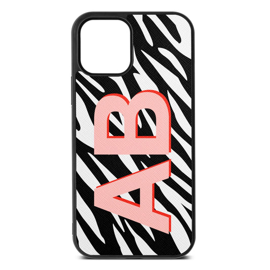 Zebra Initials Black Saffiano Leather iPhone 12 Case