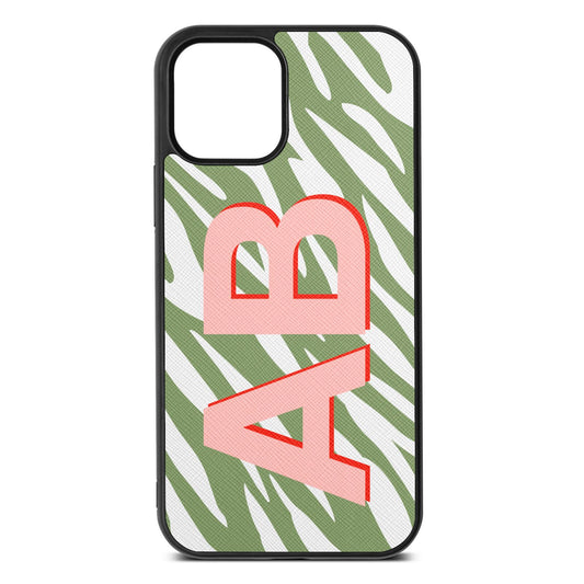 Zebra Initials Lime Saffiano Leather iPhone 12 Case