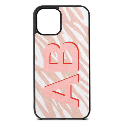 Zebra Initials Nude Saffiano Leather iPhone 12 Case