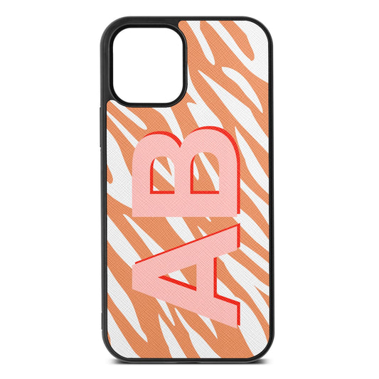 Zebra Initials Orange Saffiano Leather iPhone 12 Case