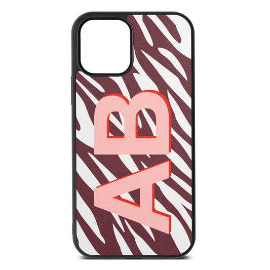 Zebra Initials Rose Brown Saffiano Leather iPhone 12 Case