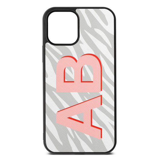 Zebra Initials Silver Saffiano Leather iPhone 12 Case