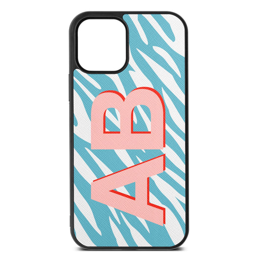 Zebra Initials Sky Saffiano Leather iPhone 12 Case