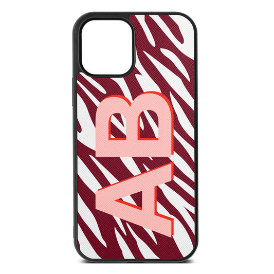 Zebra Initials Wine Red Saffiano Leather iPhone 12 Case