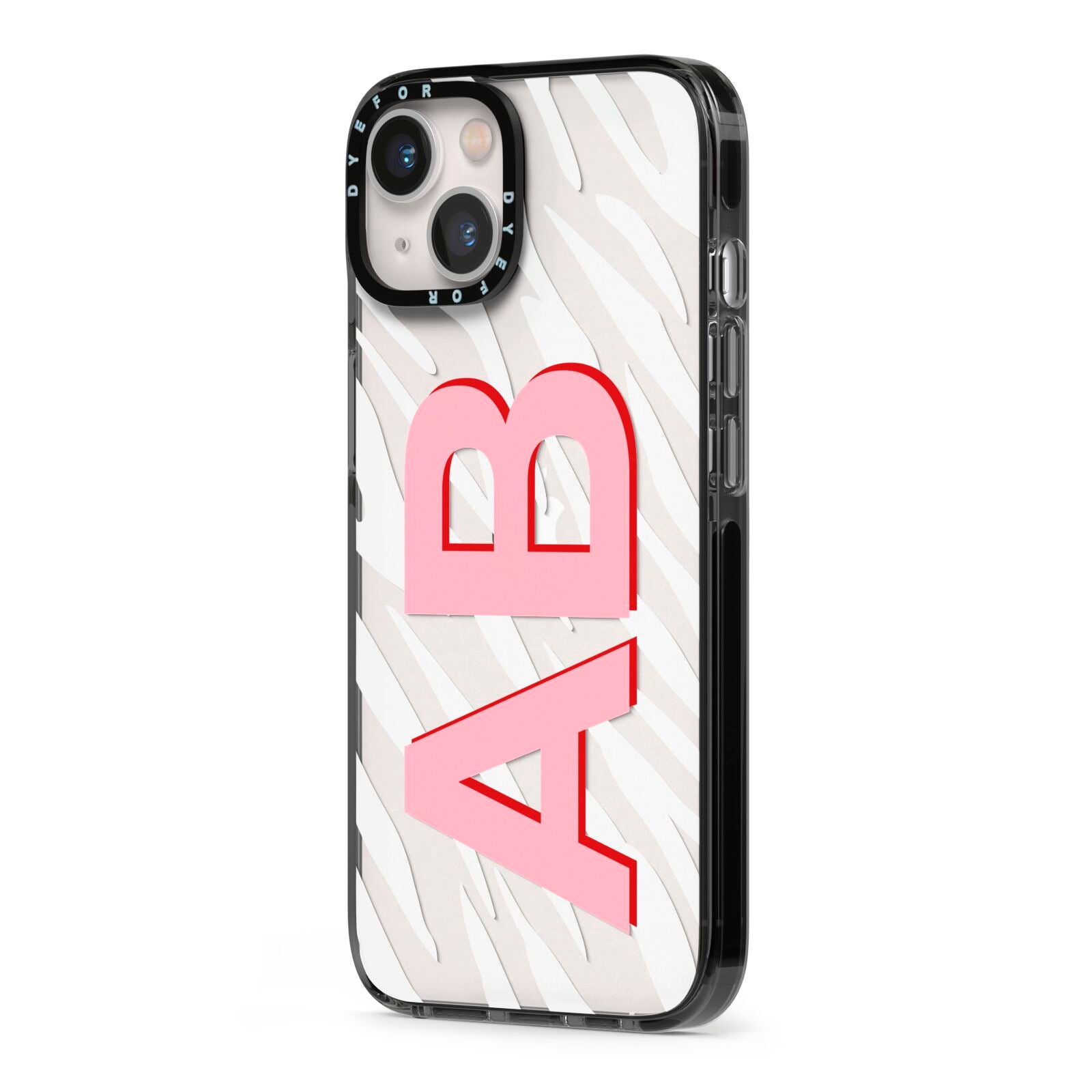 Zebra Initials iPhone 13 Black Impact Case Side Angle on Silver phone