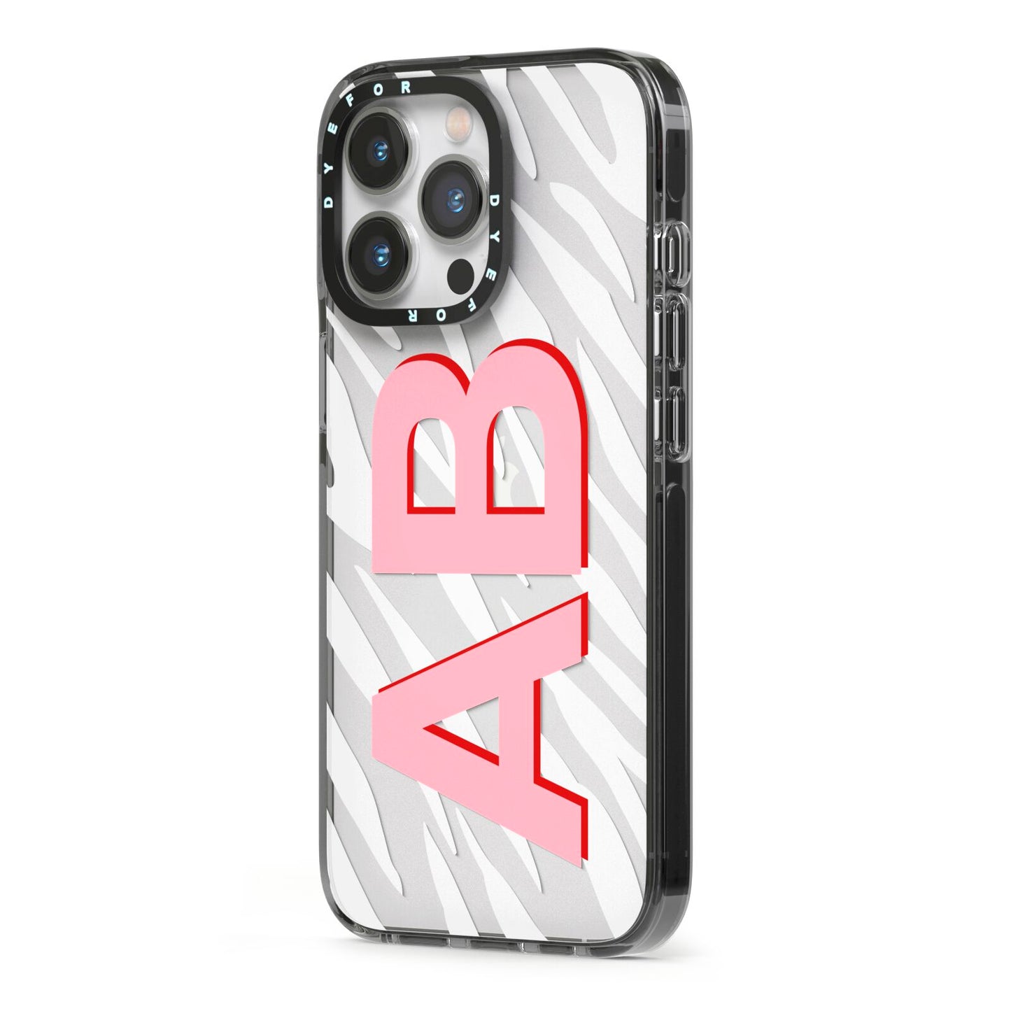 Zebra Initials iPhone 13 Pro Black Impact Case Side Angle on Silver phone